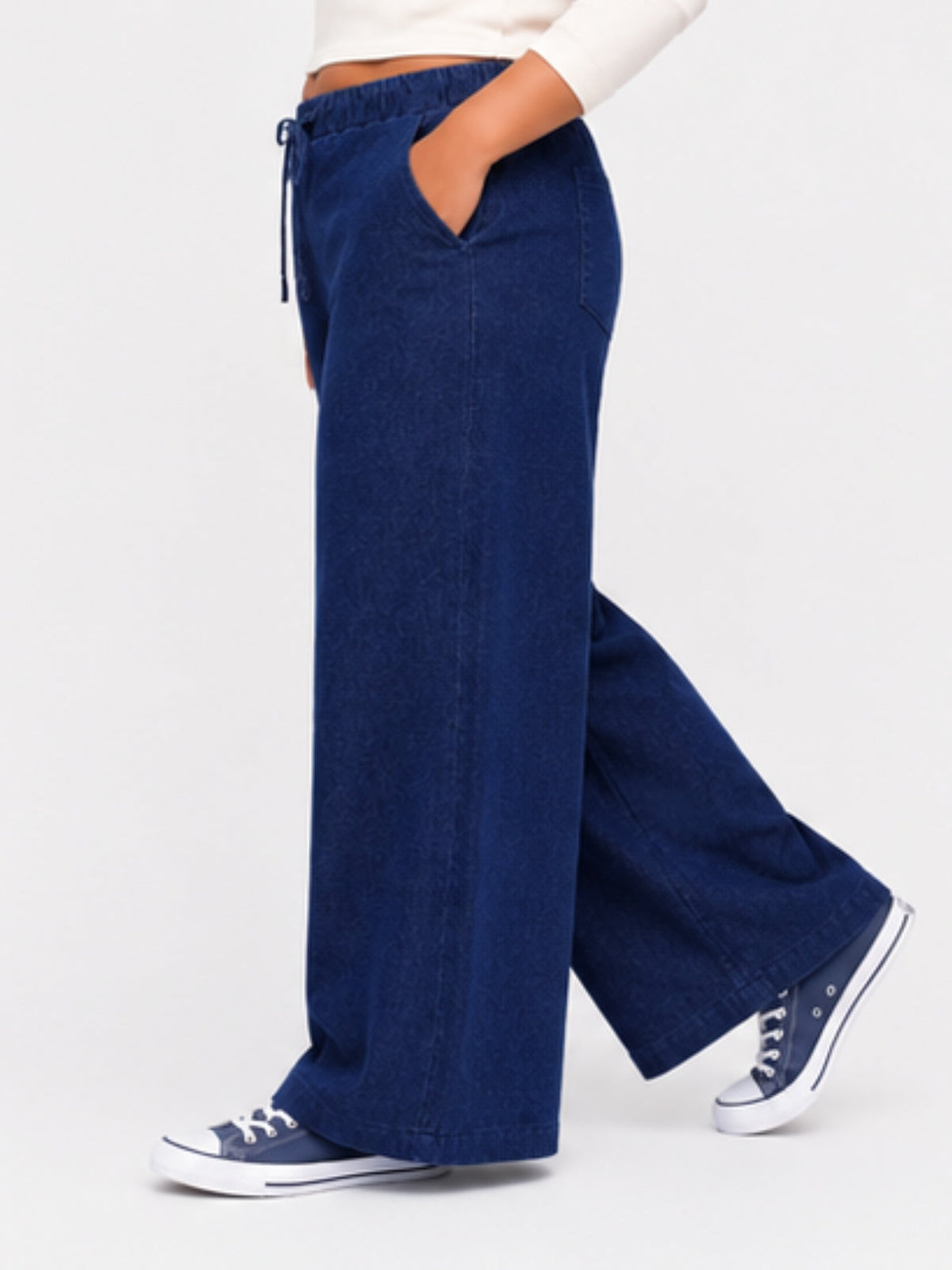 Women Dark Blue Solid Wide Leg Drawstring Palazzo Pants | ZINTO