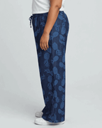 Women Navy Blue Pineapple Printed Wide Denim Leg Pants with Elasticated Waist