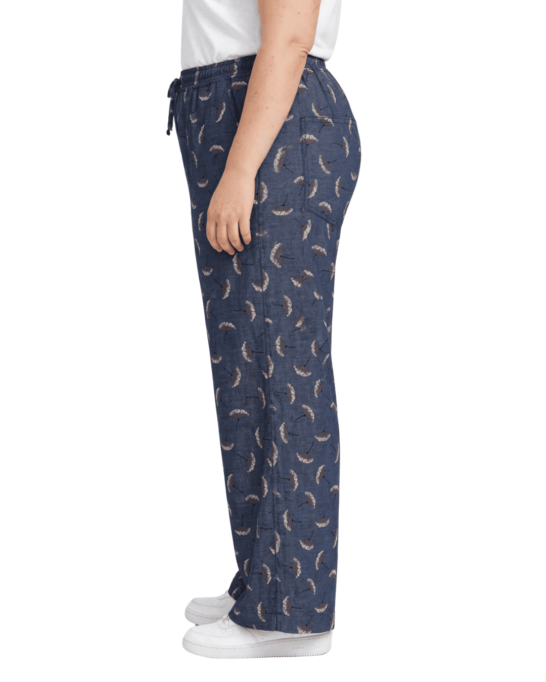 Women Denim Navy Blue Printed Wide Leg Pants with Elasticated Waist