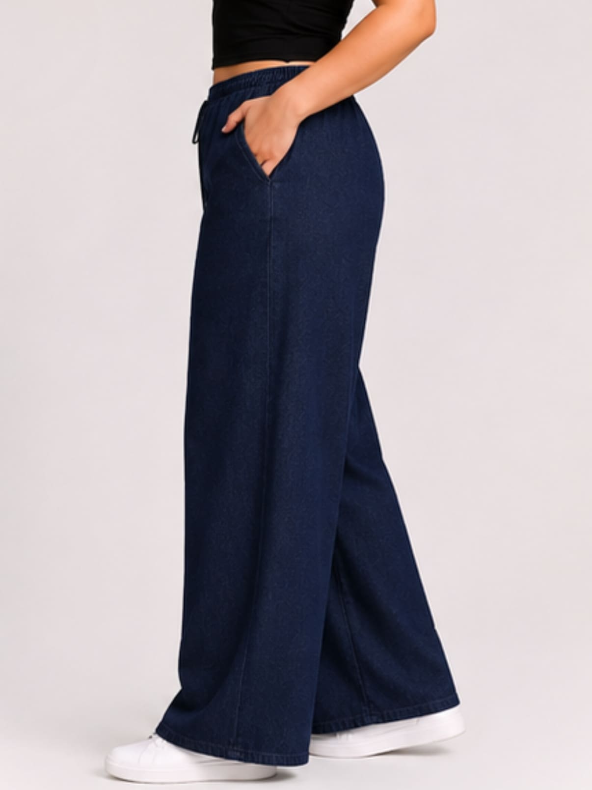 Women Navy Blue Solid Wide Leg Drawstring Palazzo Pants | BLUES