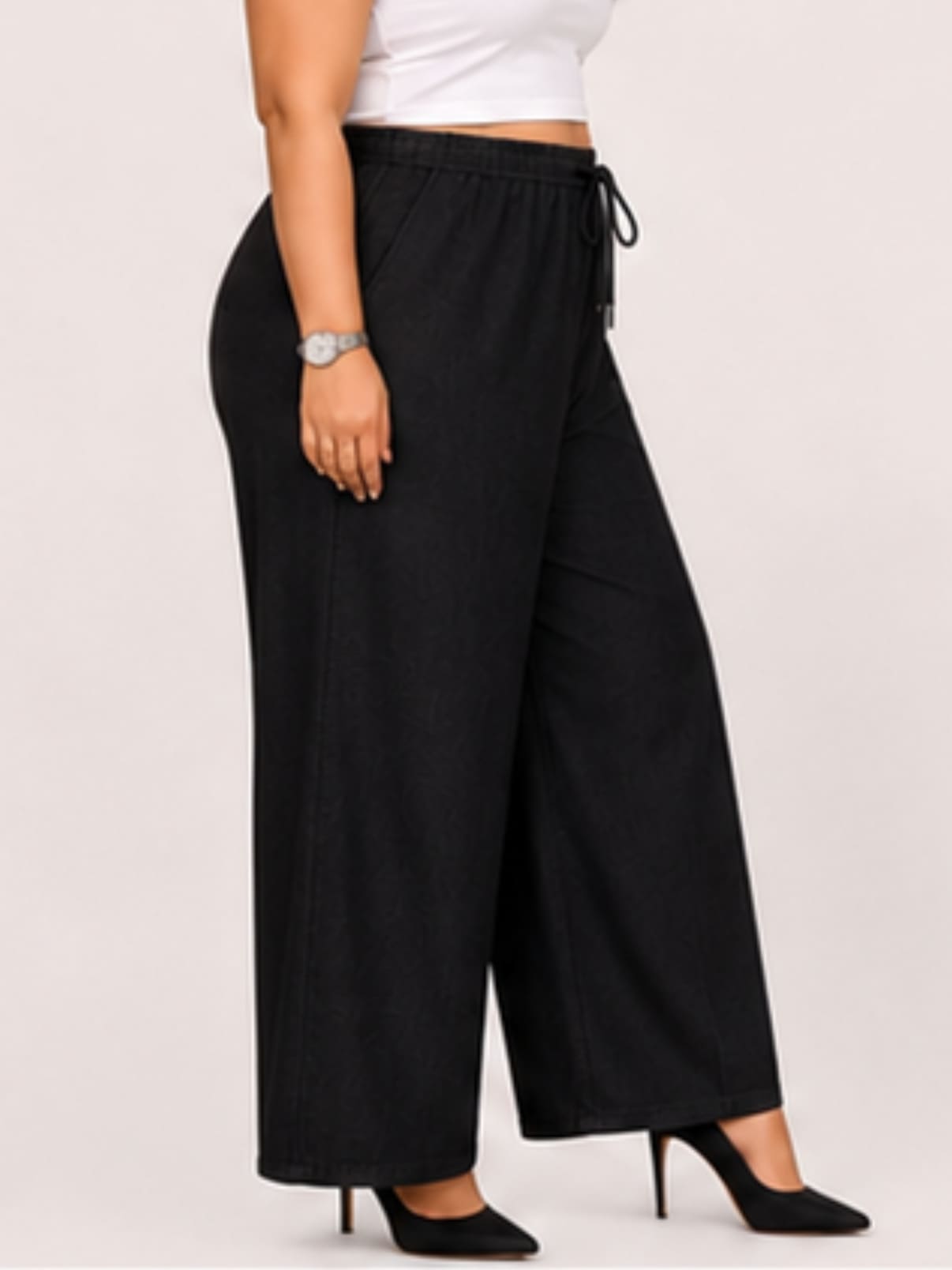 Women Black Solid Wide Leg Drawstring Palazzo Pants | DIVAA