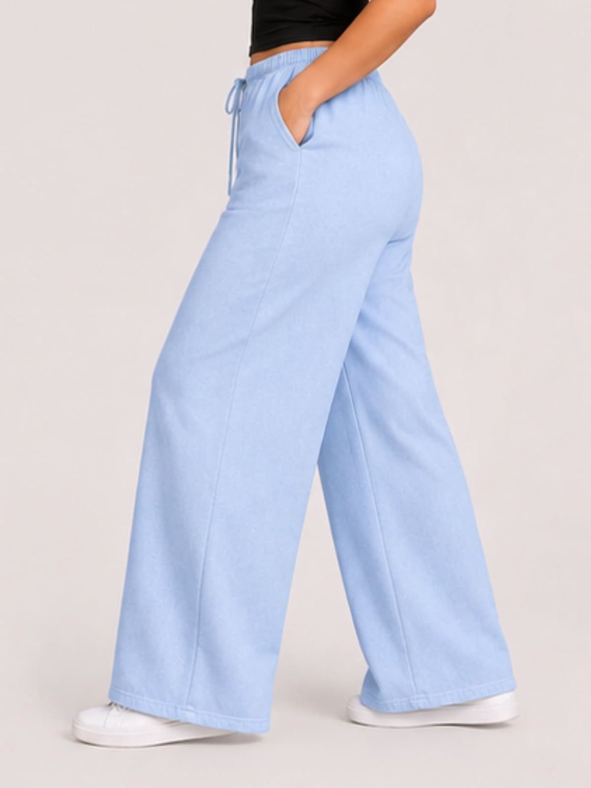 Women Sky Blue Solid Wide Leg Drawstring Palazzo Pants | SKYEE