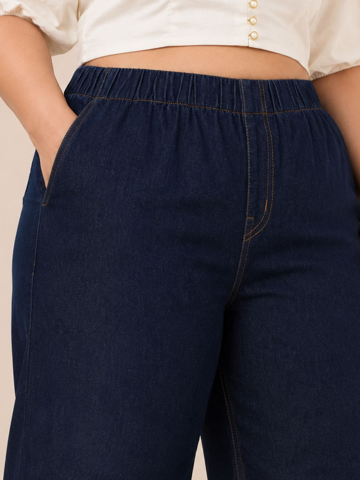 Women's Plus Size Dark Blue Denim Wide Leg Palazzo Jeans | MENTO