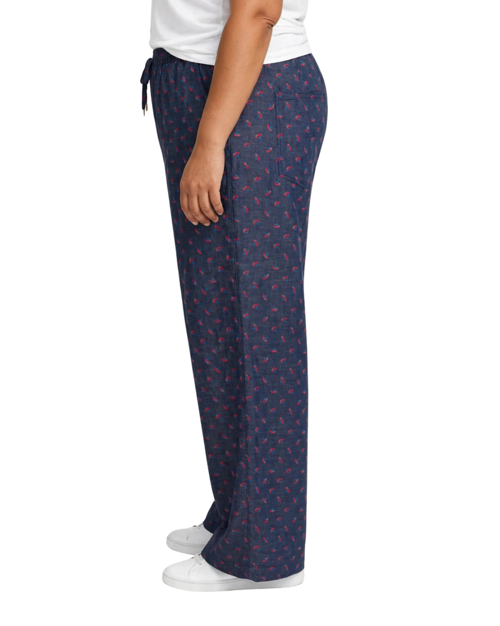 Women Navy Blue Printed Wide Denim Leg Pants with Elasticated Waist