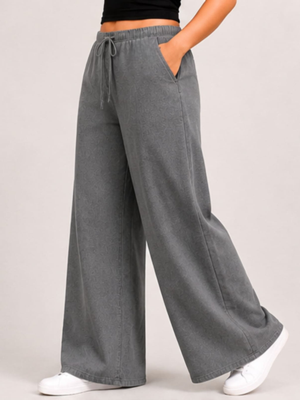 Women Grey Solid Wide Leg Drawstring Palazzo Pants | GLASY