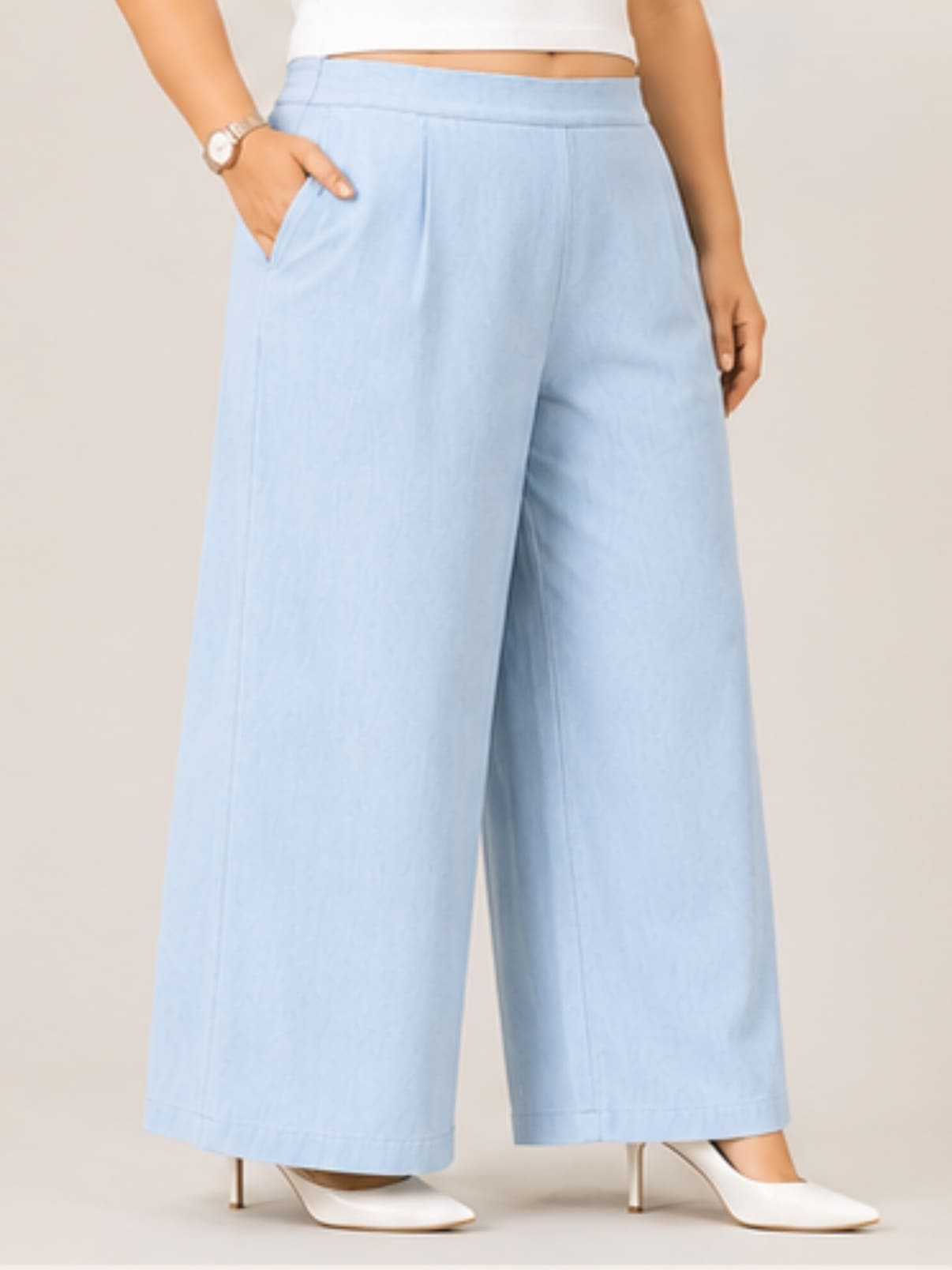 Women Solid Wide Leg Denim Palazzo