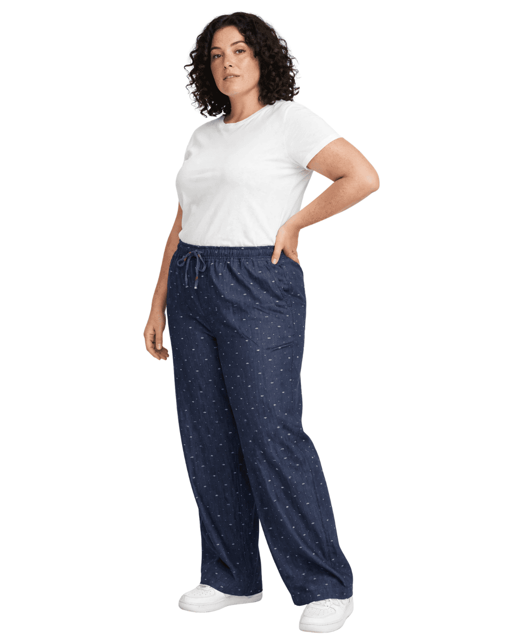 Women Navy Blue Printed Wide Denim Leg Pants with Elasticated Waist