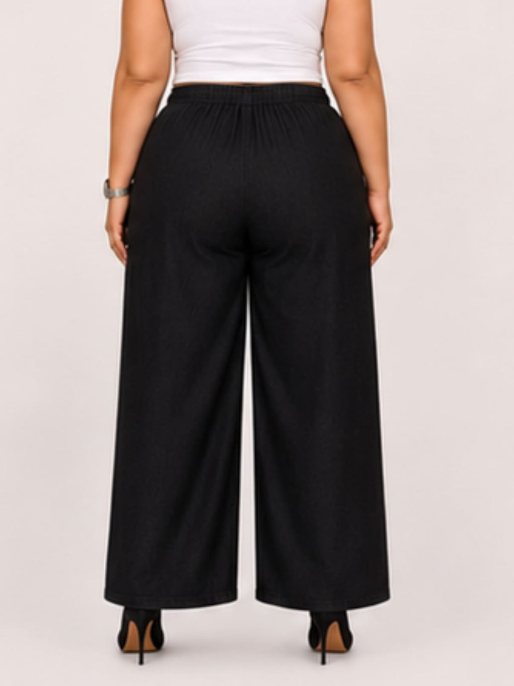 Women Black Solid Wide Leg Drawstring Palazzo Pants | DIVAA