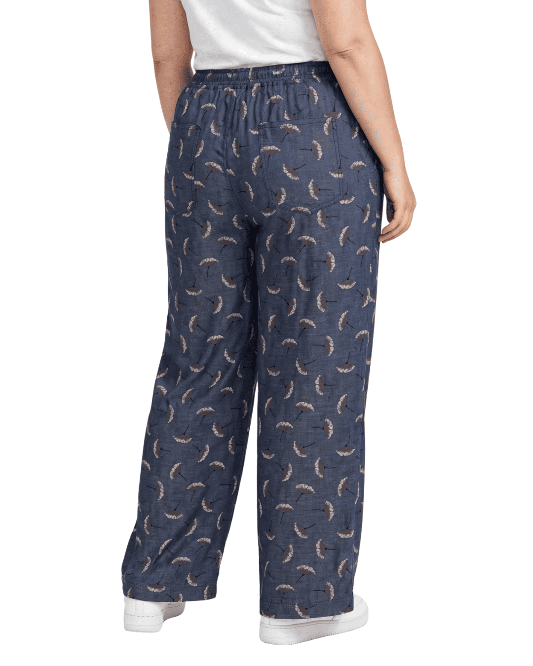 Women Denim Navy Blue Printed Wide Leg Pants with Elasticated Waist