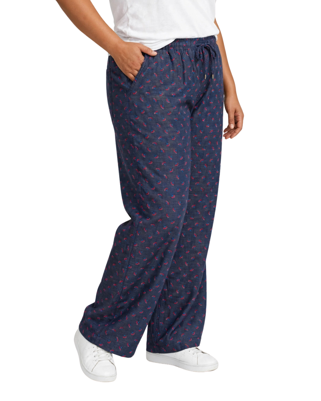 Women Navy Blue Printed Wide Denim Leg Pants with Elasticated Waist