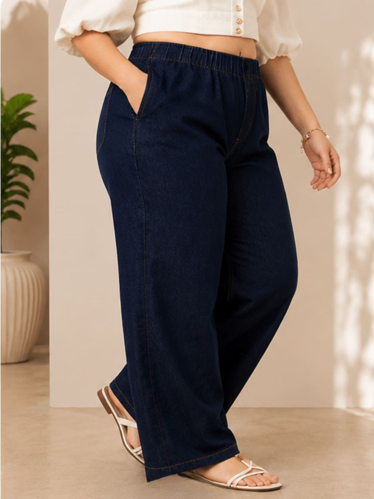 Women's Plus Size Dark Blue Denim Wide Leg Palazzo Jeans | MENTO