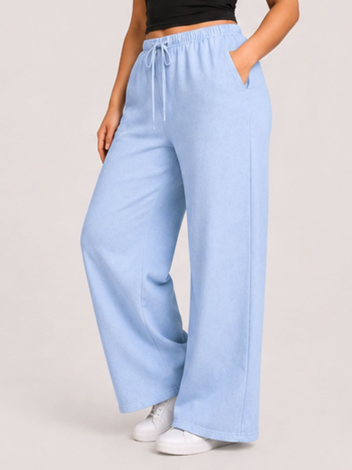 Women Sky Blue Solid Wide Leg Drawstring Palazzo Pants | SKYEE