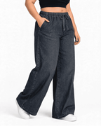 Women Wide Denim Leg Pants with Elasticated Waist | TINTAA