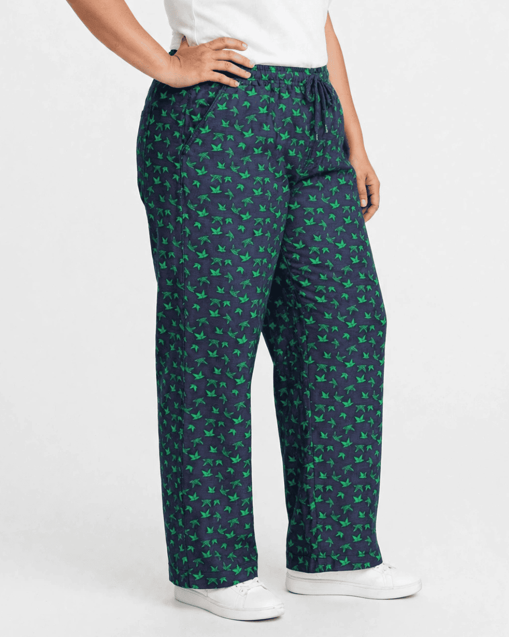 Women Navy Blue Printed Wide Denim Leg Pants with Elasticated Waist