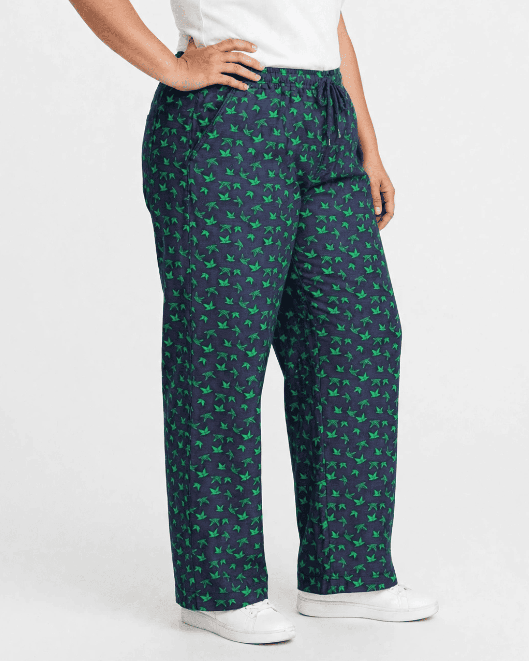 Women Navy Blue Printed Wide Denim Leg Pants with Elasticated Waist