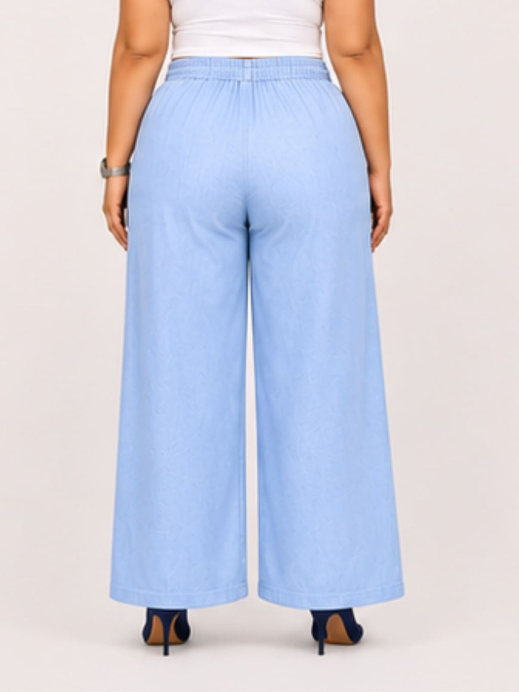 Women Sky Blue Solid Wide Leg Drawstring Palazzo Pants | CHARM