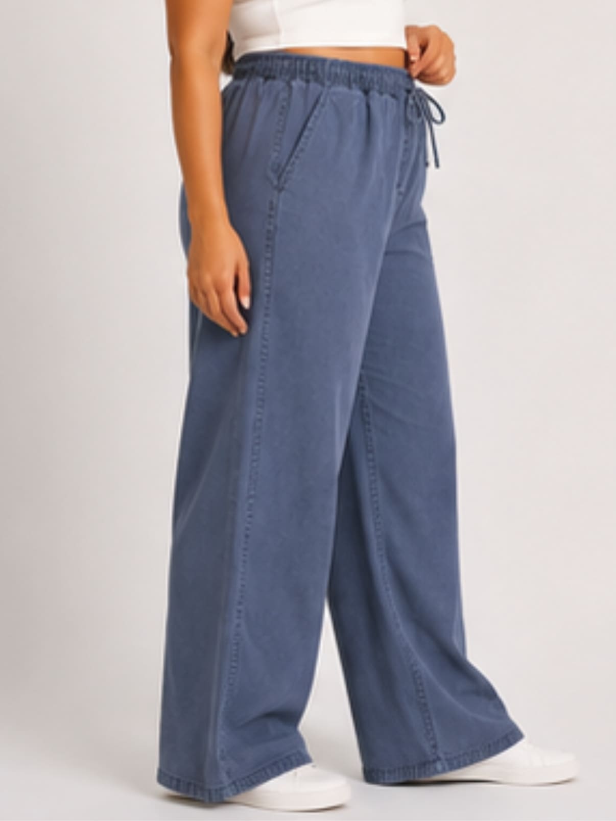 Women Mid Gray Solid Wide Leg Drawstring Palazzo Pants | MEGRAY