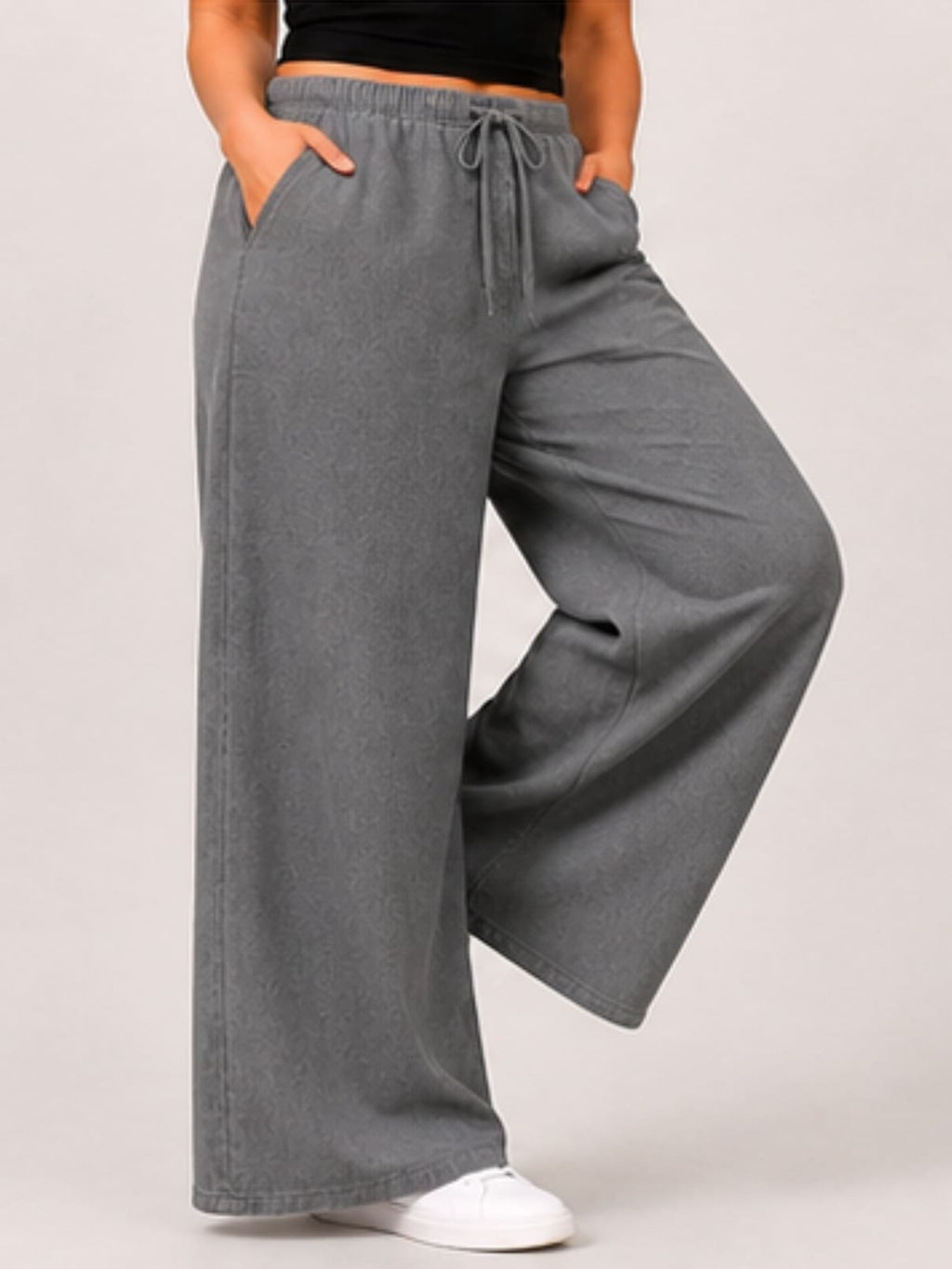 Women Grey Solid Wide Leg Drawstring Palazzo Pants | GLASY