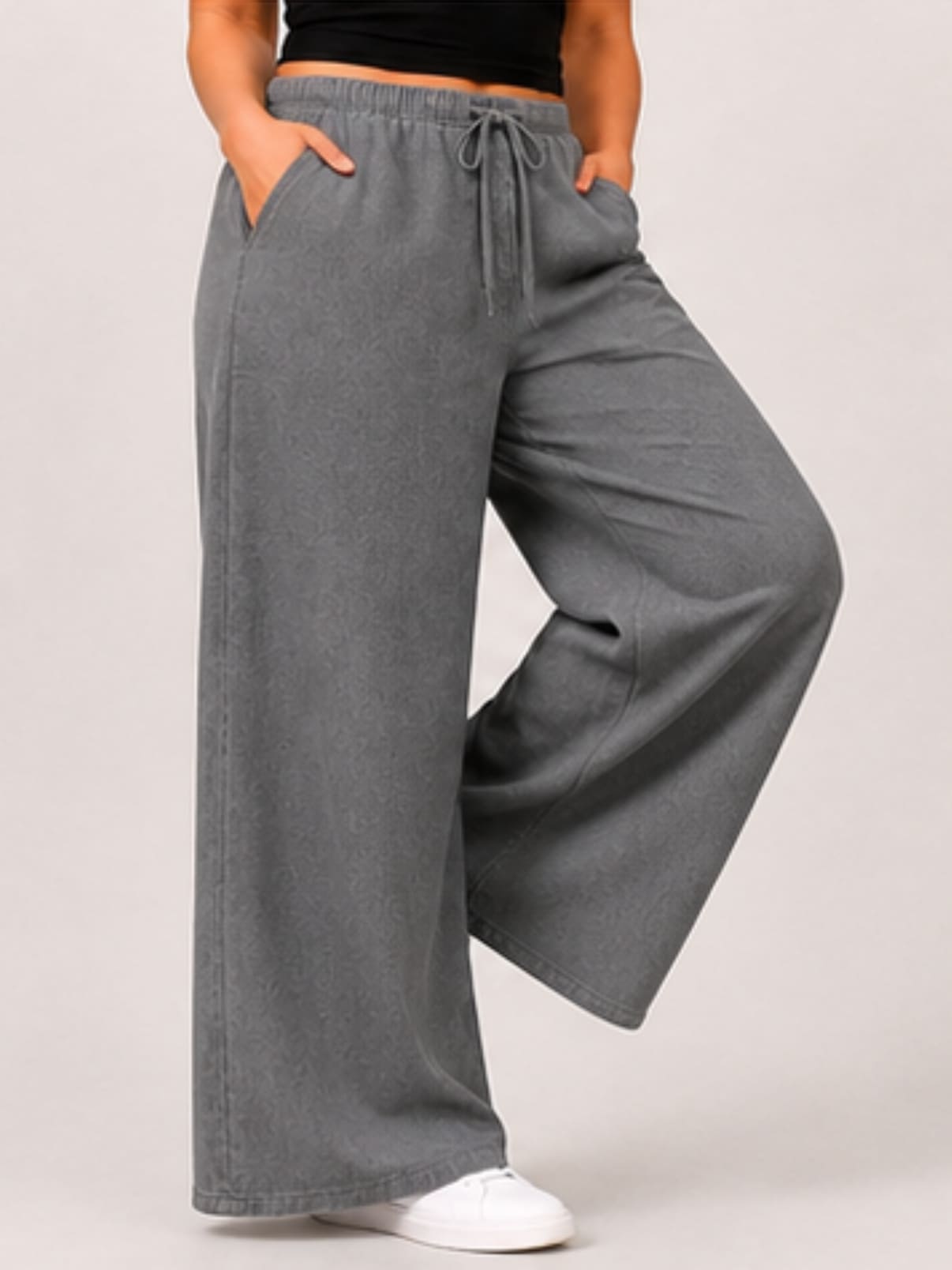 Women Grey Solid Wide Leg Drawstring Palazzo Pants | GLASY