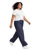 Women Navy Blue Printed Wide Denim Leg Pants with Elasticated Waist