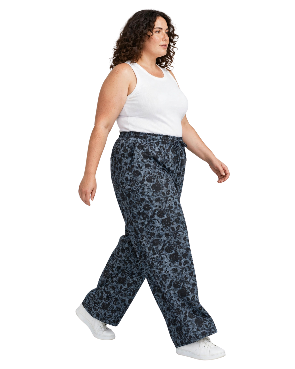 Women Grey Printed Wide Denim Leg Pants with Elasticated Waist