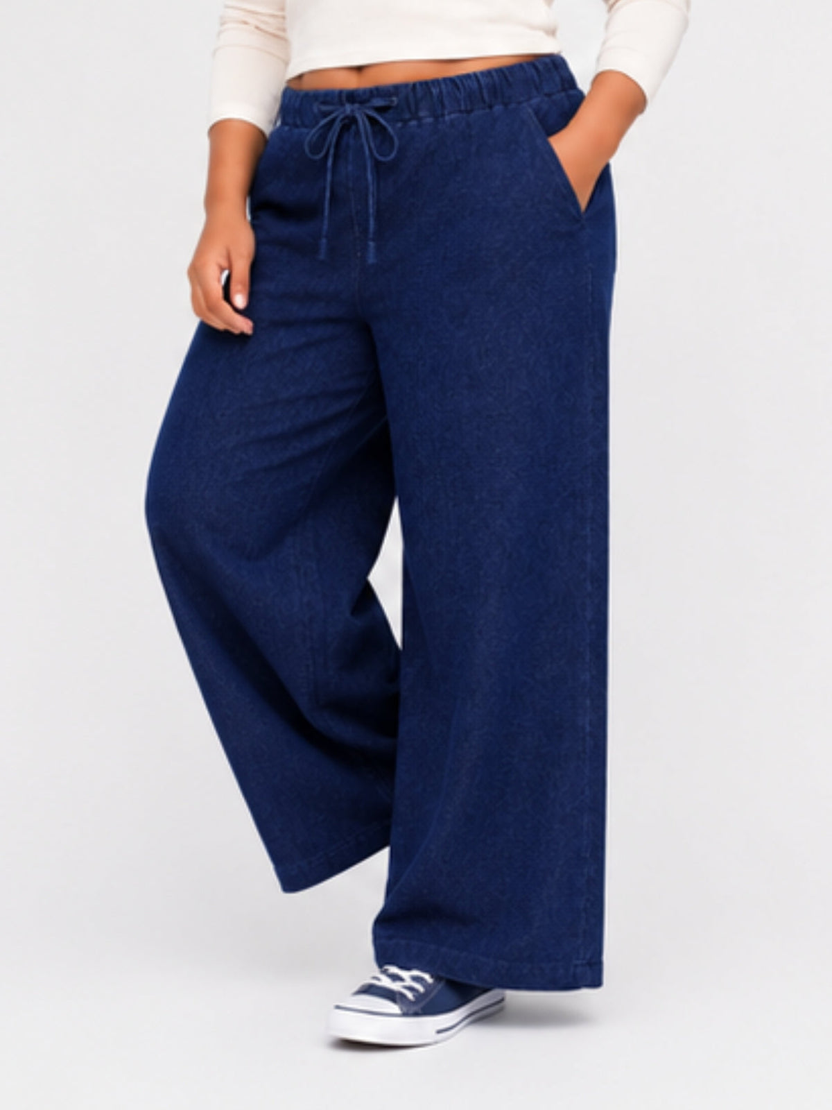Women Dark Blue Solid Wide Leg Drawstring Palazzo Pants | ZINTO
