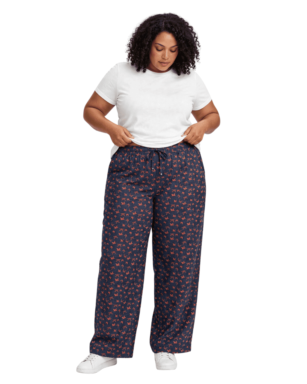 Women Navy Blue Printed Wide Denim Leg Pants with Elasticated Waist