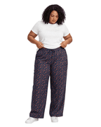 Women Navy Blue Printed Wide Denim Leg Pants with Elasticated Waist