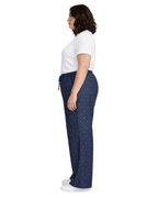 Women Navy Blue Printed Wide Denim Leg Pants with Elasticated Waist
