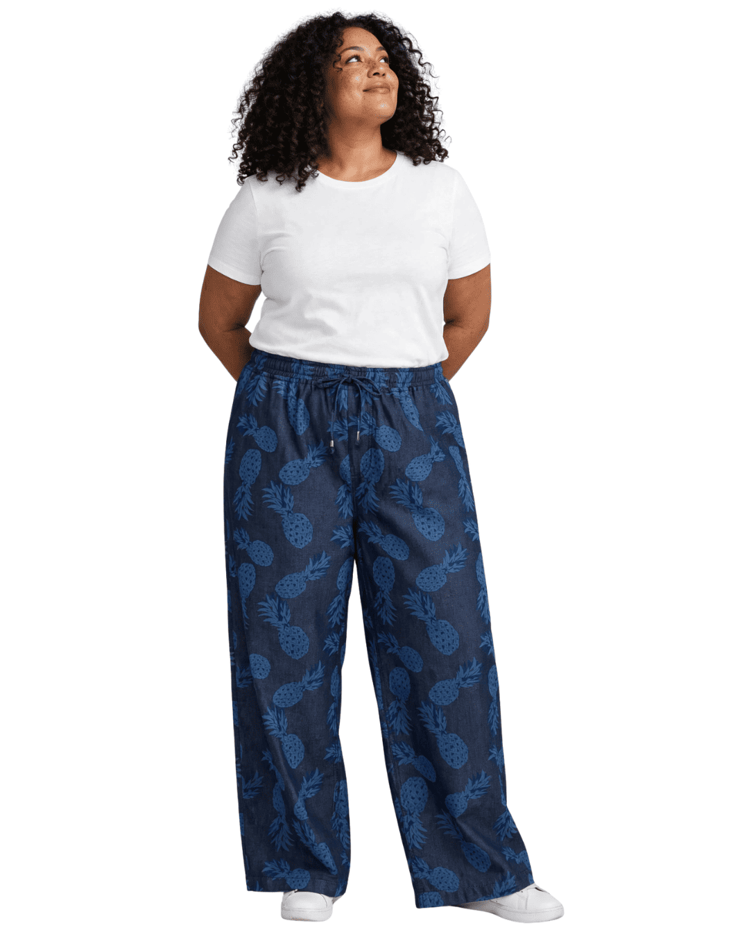 Women Navy Blue Pineapple Printed Wide Denim Leg Pants with Elasticated Waist