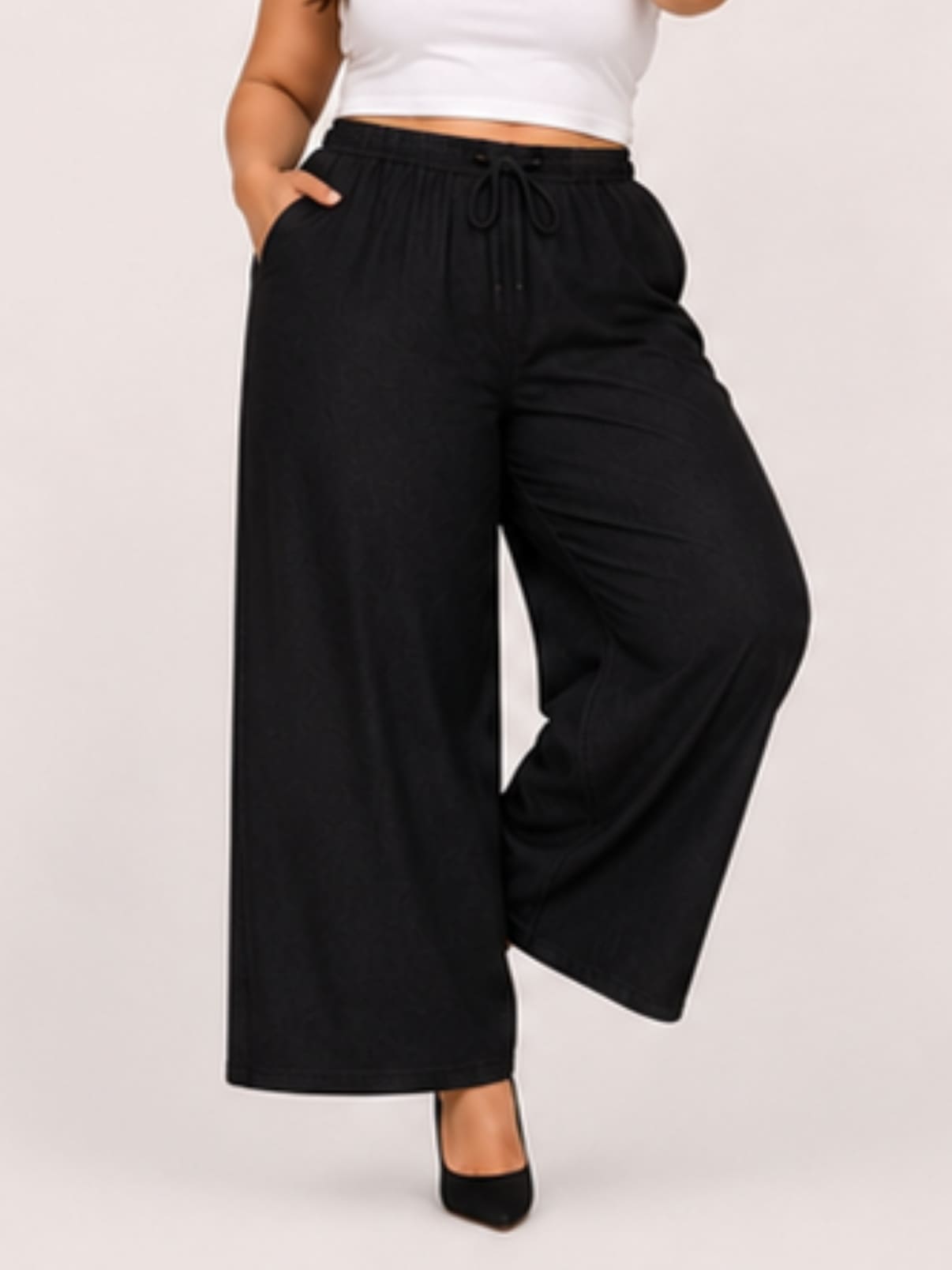 Women Black Solid Wide Leg Drawstring Palazzo Pants | DIVAA