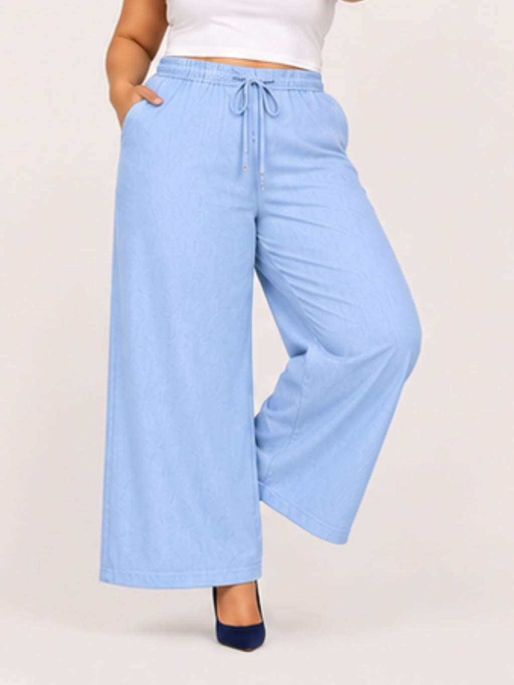Women Sky Blue Solid Wide Leg Drawstring Palazzo Pants | CHARM