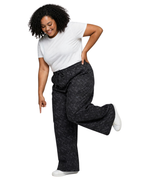 Women Black Floral Printed Denim Wide Leg Pants with Elasticated Waist