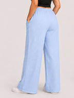 Women Sky Blue Solid Wide Leg Drawstring Palazzo Pants | SKYEE