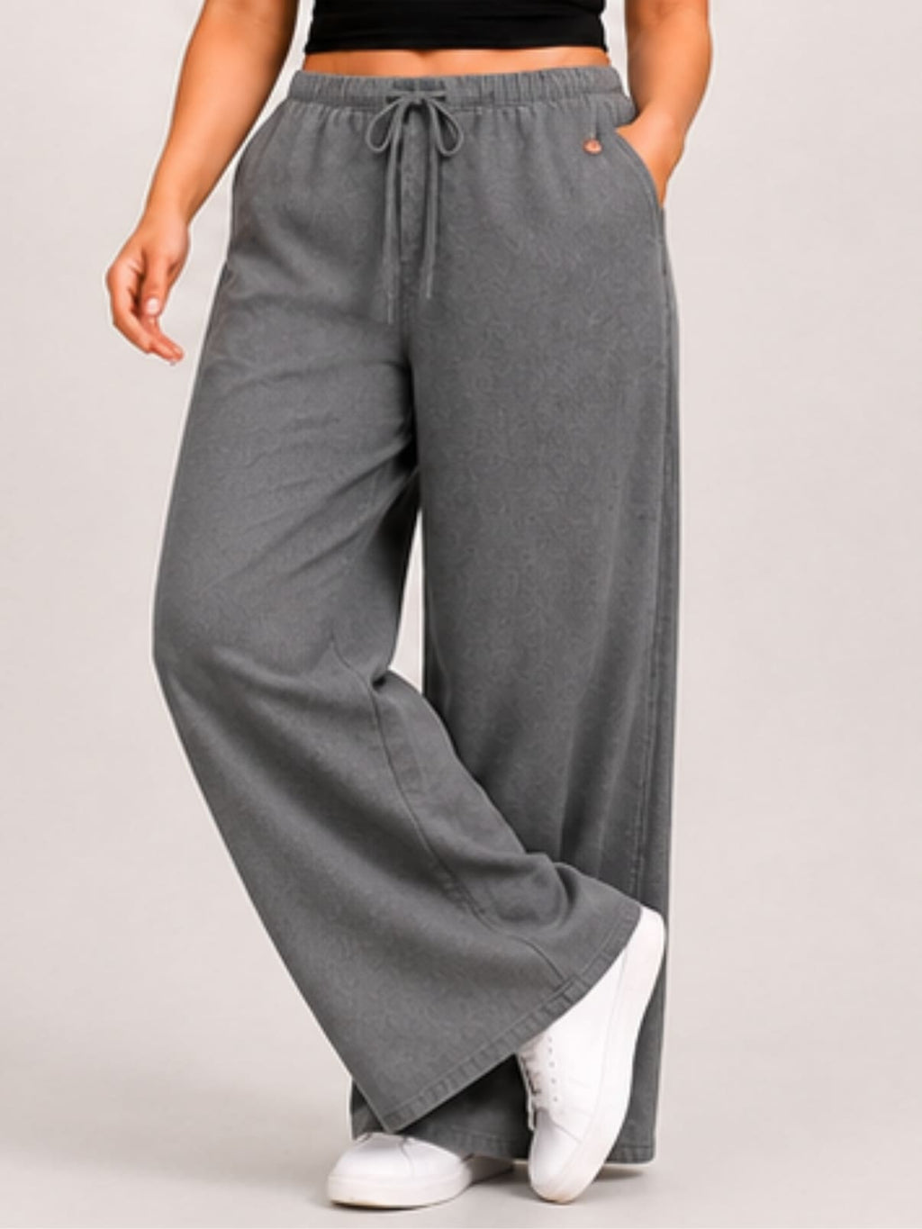 Women Grey Solid Wide Leg Drawstring Palazzo Pants | GLASY