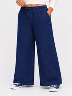 Women Dark Blue Solid Wide Leg Drawstring Palazzo Pants | ZINTO