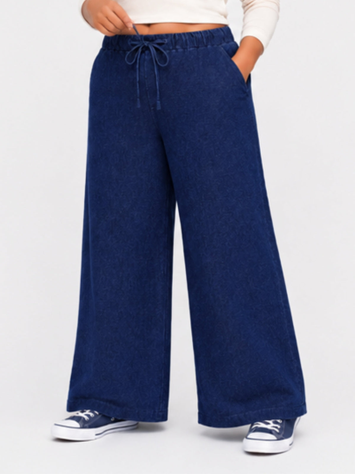 Women Dark Blue Solid Wide Leg Drawstring Palazzo Pants | ZINTO