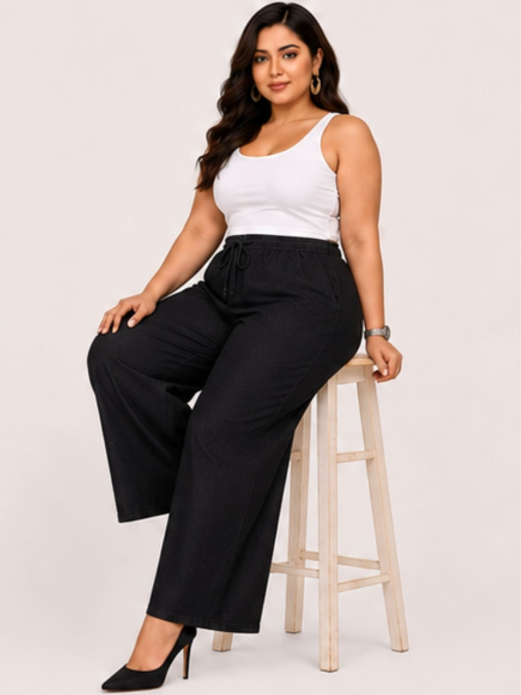 Women Black Solid Wide Leg Drawstring Palazzo Pants | DIVAA
