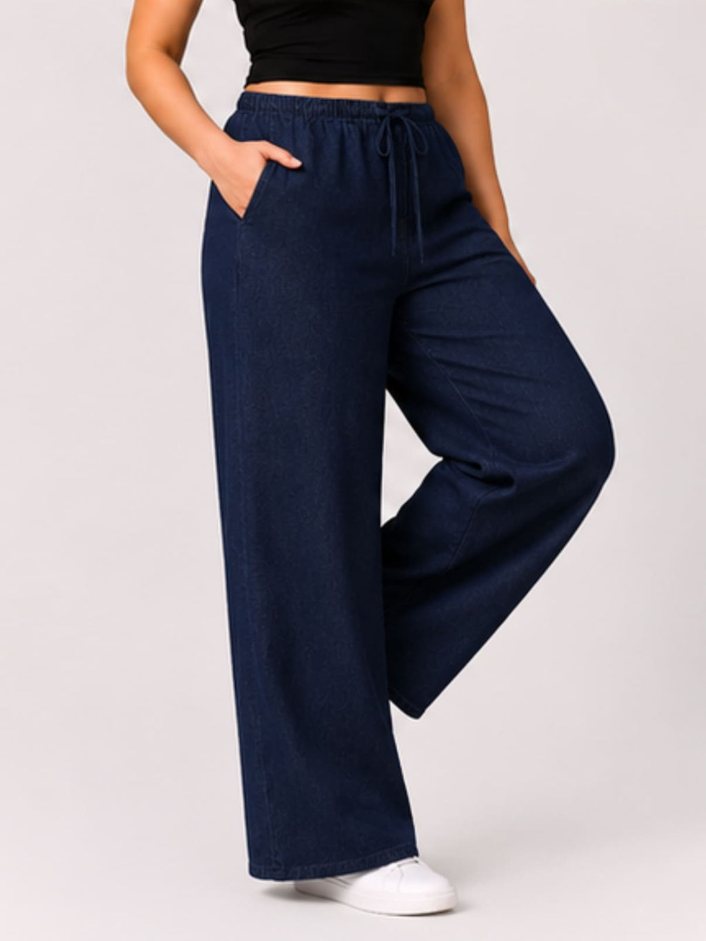 Women Navy Blue Solid Wide Leg Drawstring Palazzo Pants | BLUES
