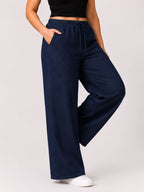 Women Navy Blue Solid Wide Leg Drawstring Palazzo Pants | BLUES