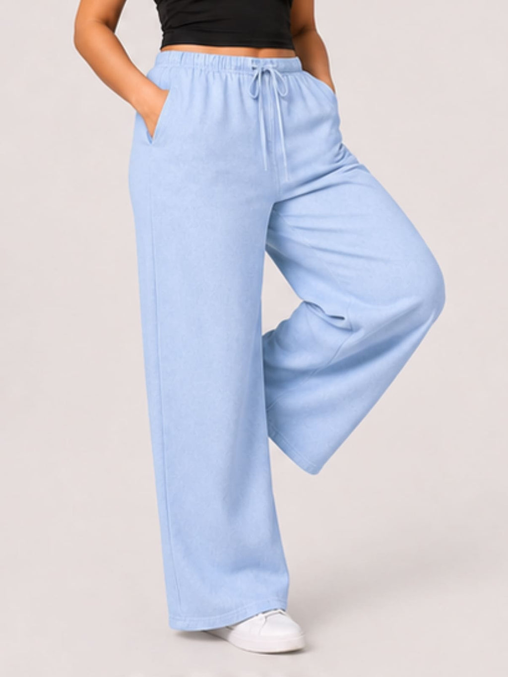 Women Sky Blue Solid Wide Leg Drawstring Palazzo Pants | SKYEE