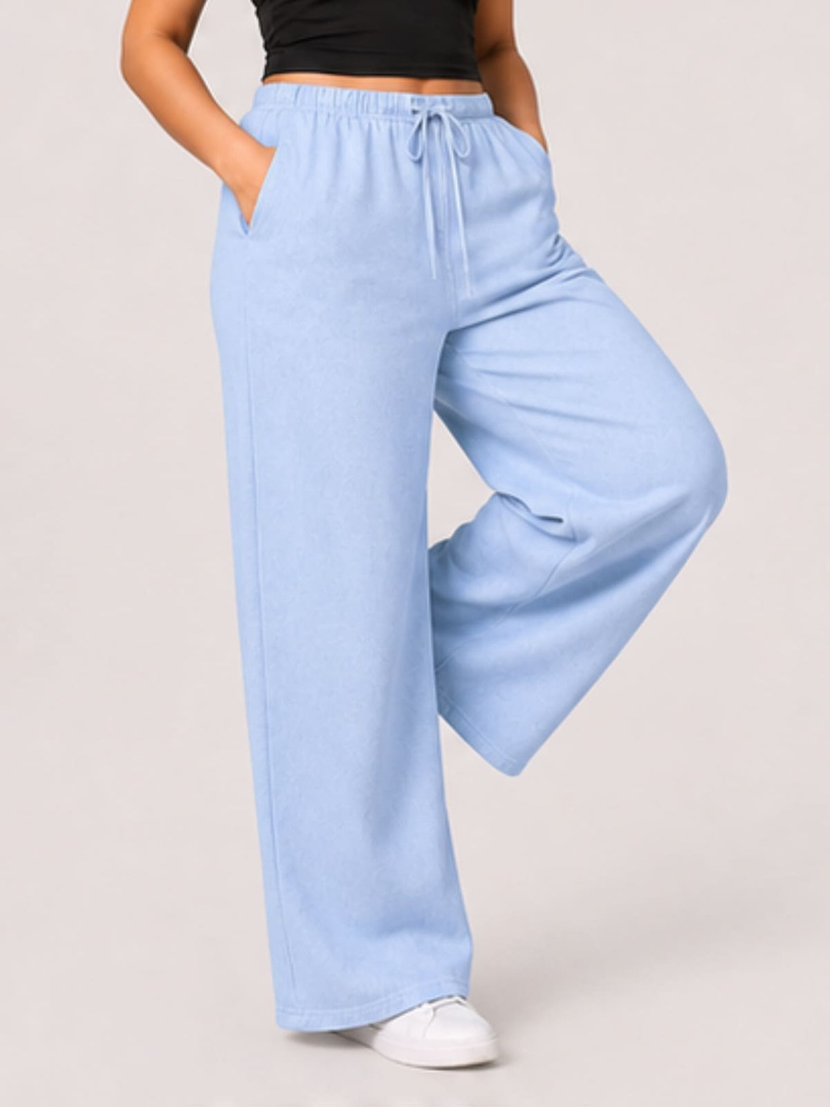 Women Sky Blue Solid Wide Leg Drawstring Palazzo Pants | SKYEE