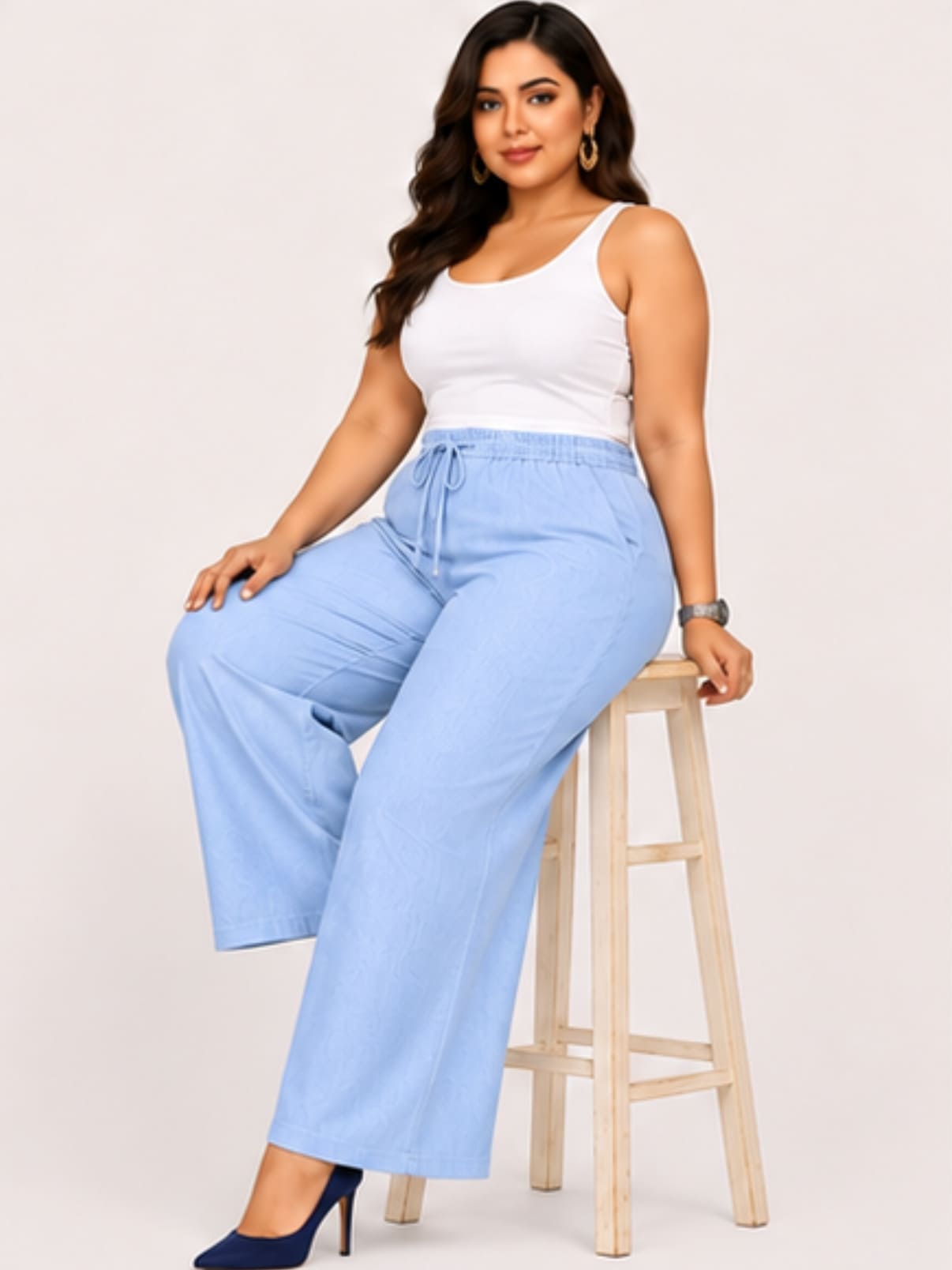 Women Sky Blue Solid Wide Leg Drawstring Palazzo Pants | CHARM