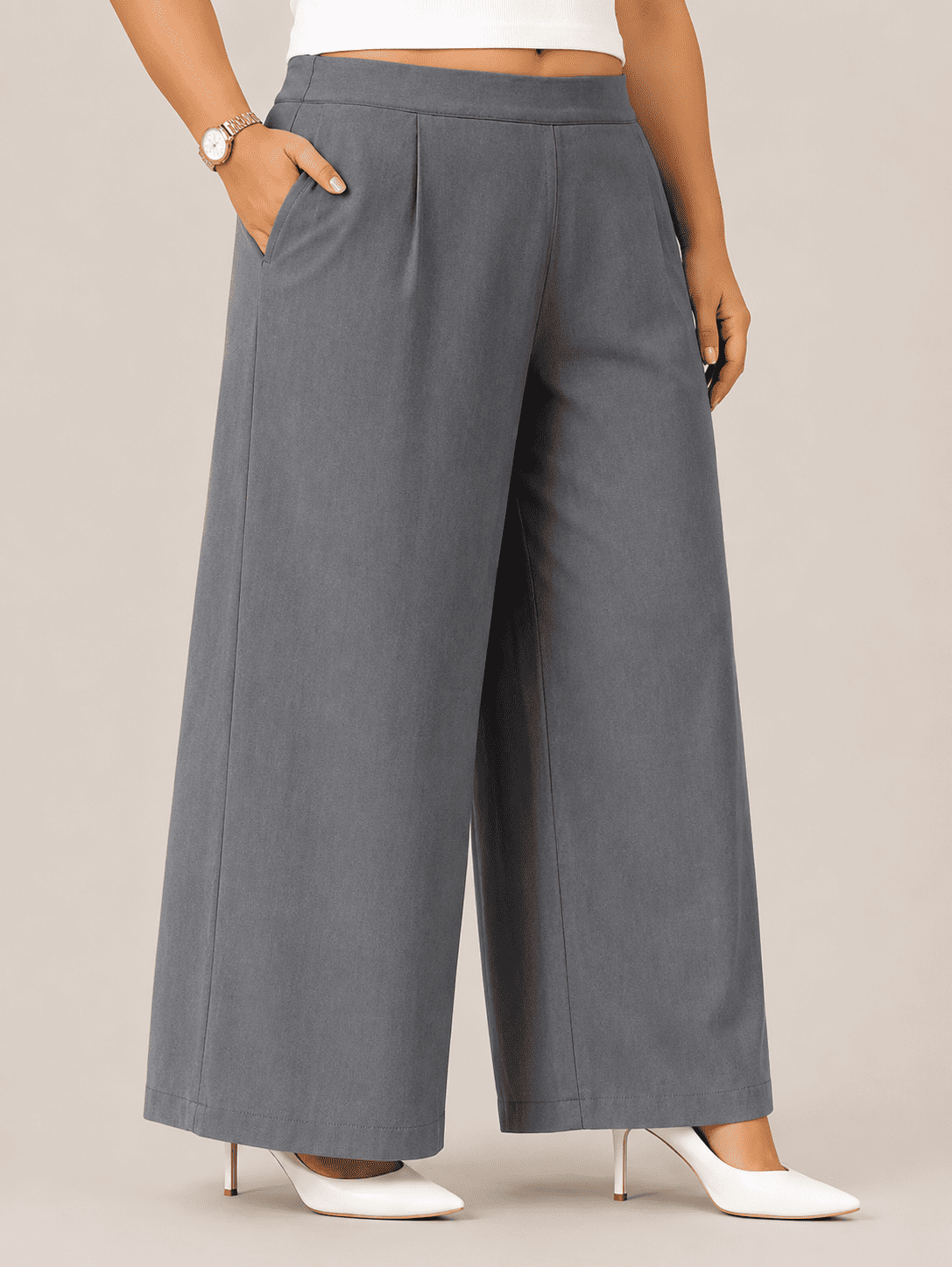 Women Solid Wide Leg Denim Palazzo