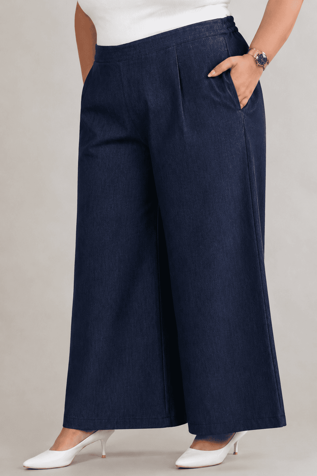 Women Solid Wide Leg Denim Palazzo Pant