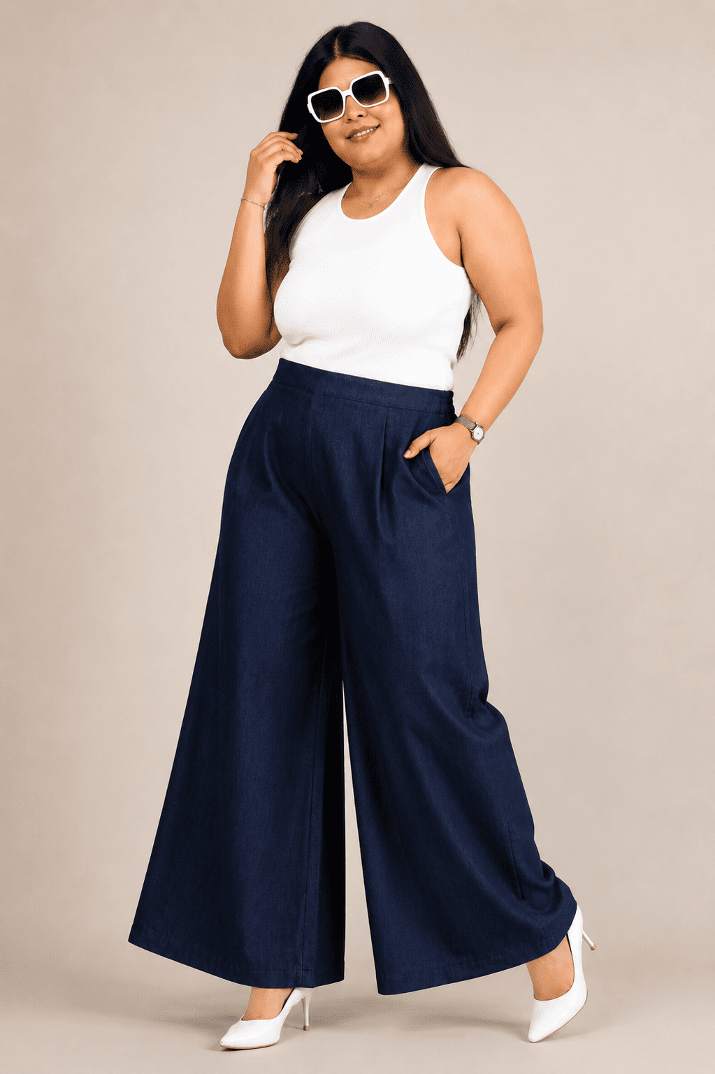 Women Solid Wide Leg Denim Palazzo Pant