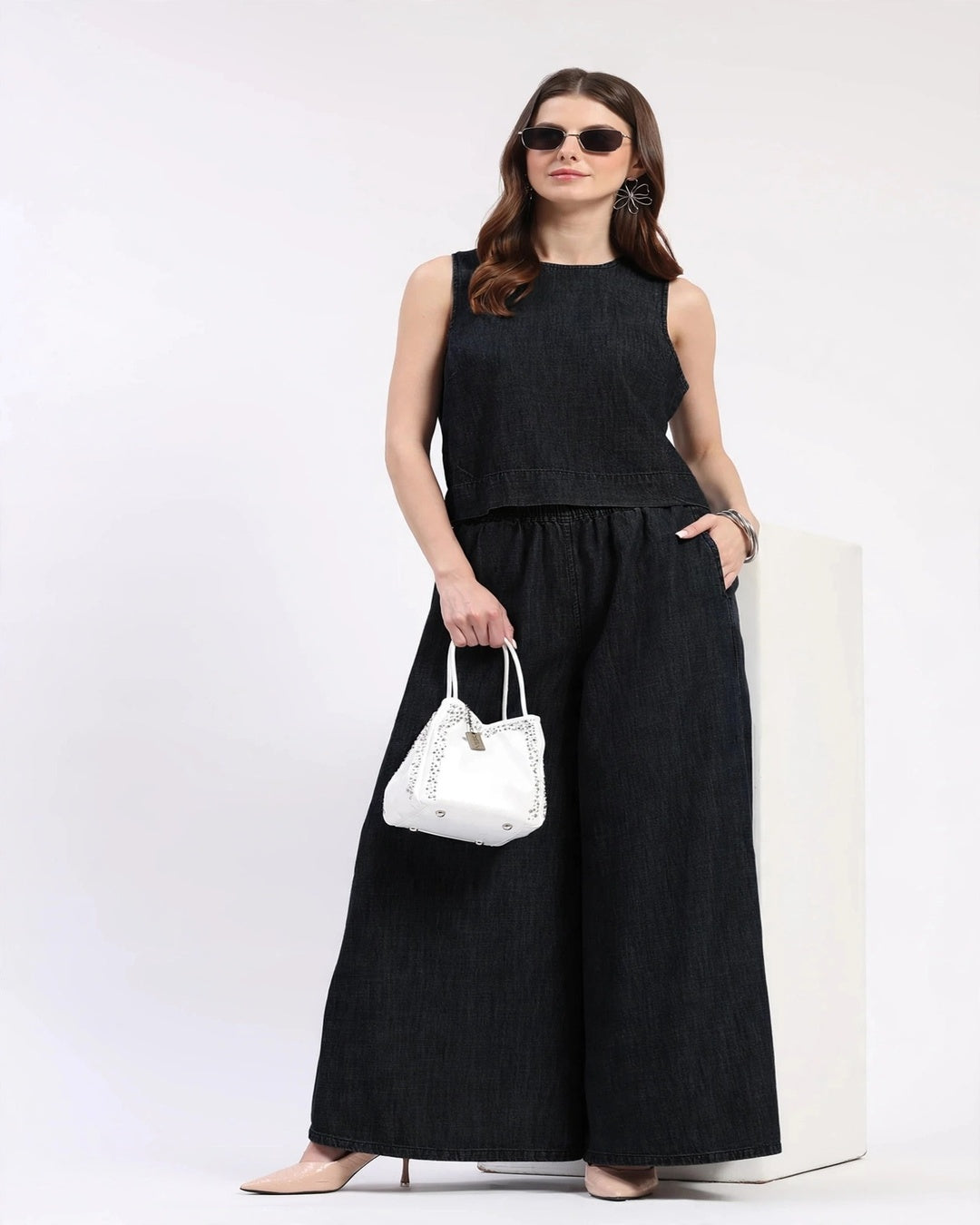 High-Rise Wide Leg Elasticated Denim Palazzo Jeans