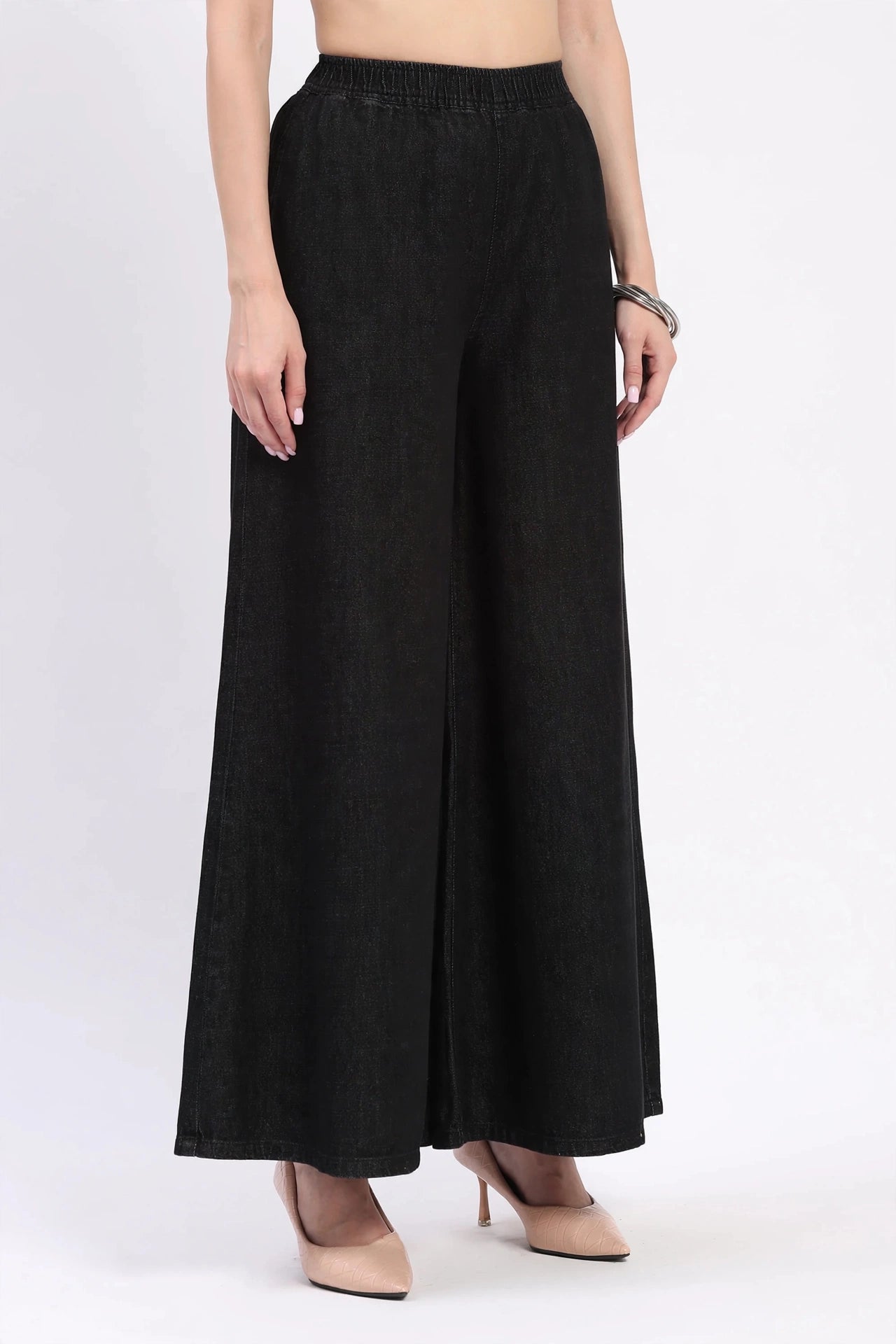 High-Rise Wide Leg Elasticated Denim Palazzo Jeans