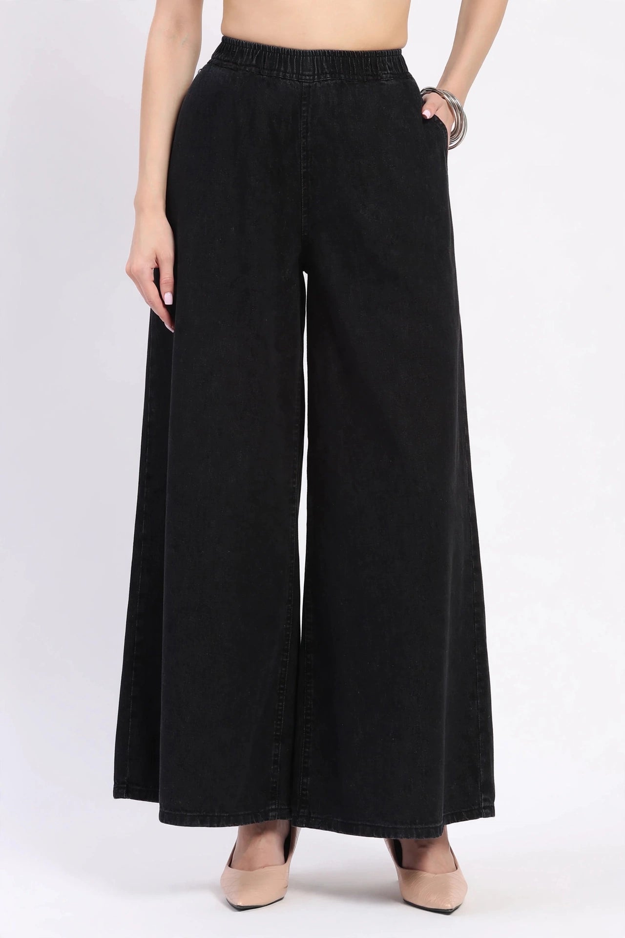 High-Rise Wide Leg Elasticated Denim Palazzo Jeans