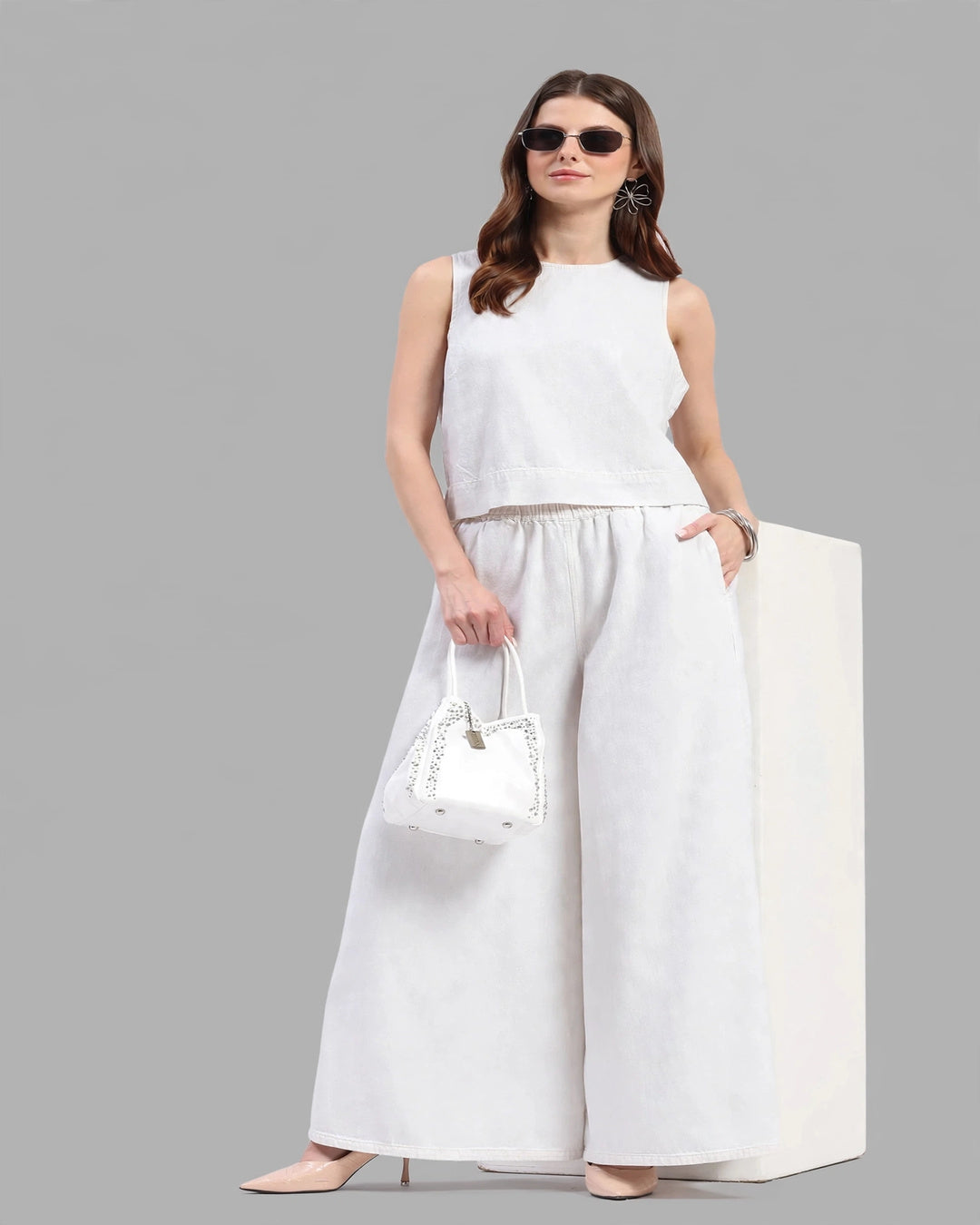 High-Rise Wide Leg Elasticated Denim Palazzo Jeans